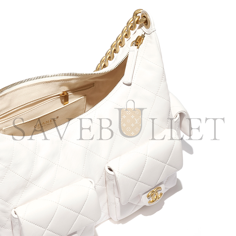 CHANEL MAXI HOBO BAG SHINY LAMBSKIN & GOLD-TONE METAL WHITE AS5302 (35*27*18cm)